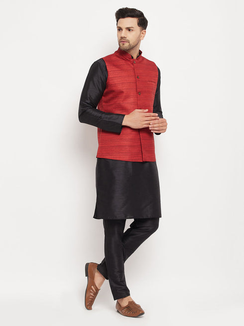 Vastramay Men's Maroon Matka Silk Nehru Jacket With Black Silk Blend Kurta and Pant style Pyjama Set